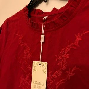 Red Embroidered Ruffle Neck Puff Sleeve